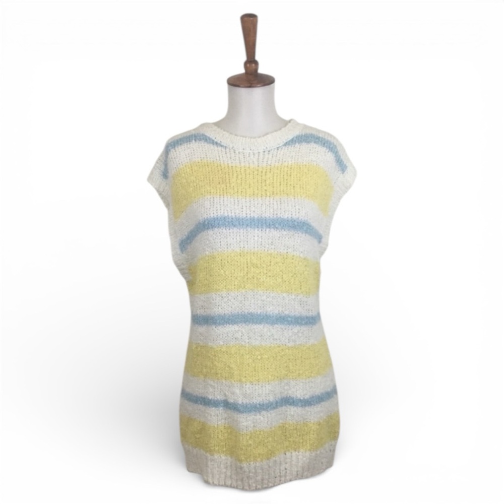 Vintage 80s Knit Sweater Women’s M Striped Tunic Crew Neck Cap Sleeve Sweater
